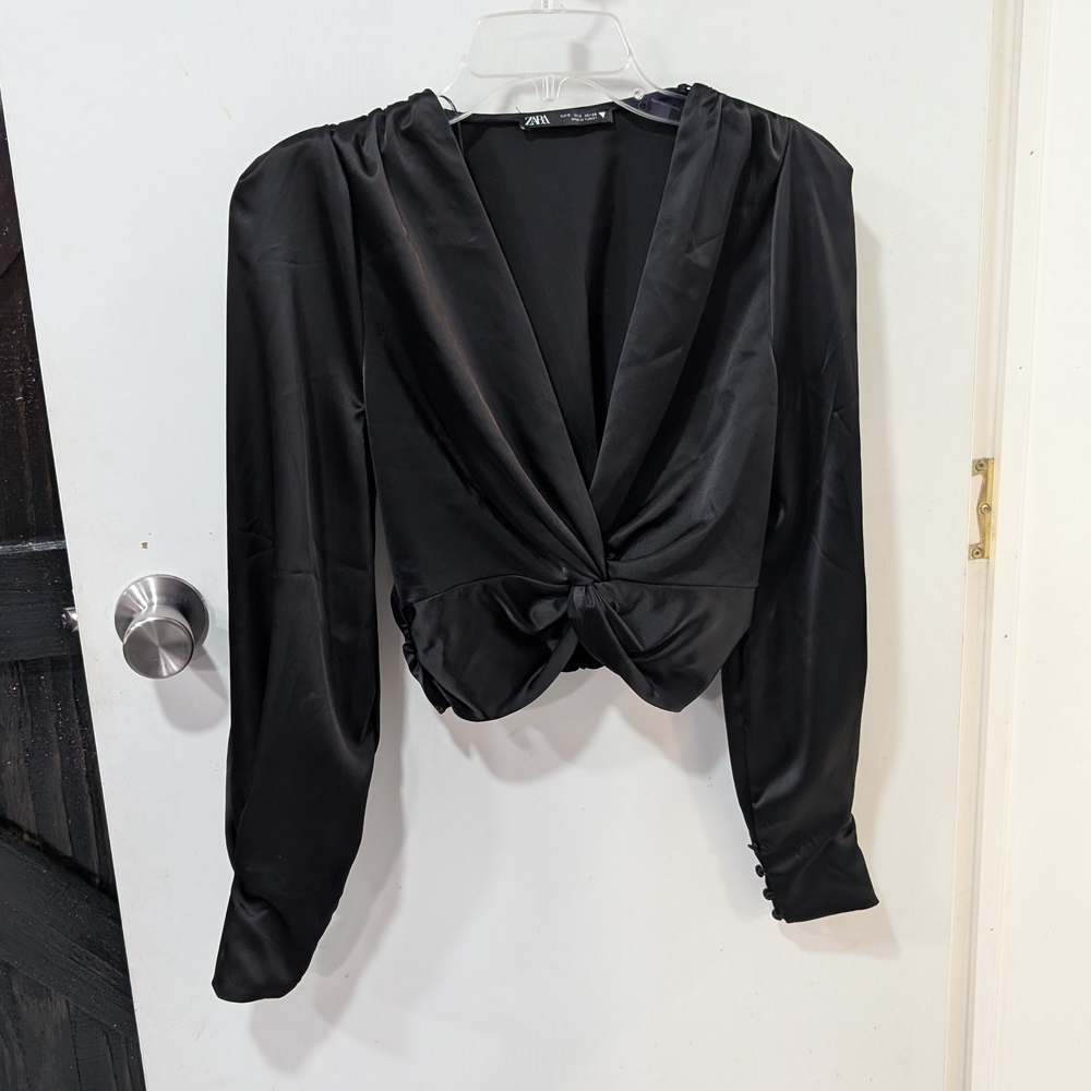 Zara Black Satin Twist Front Blouse